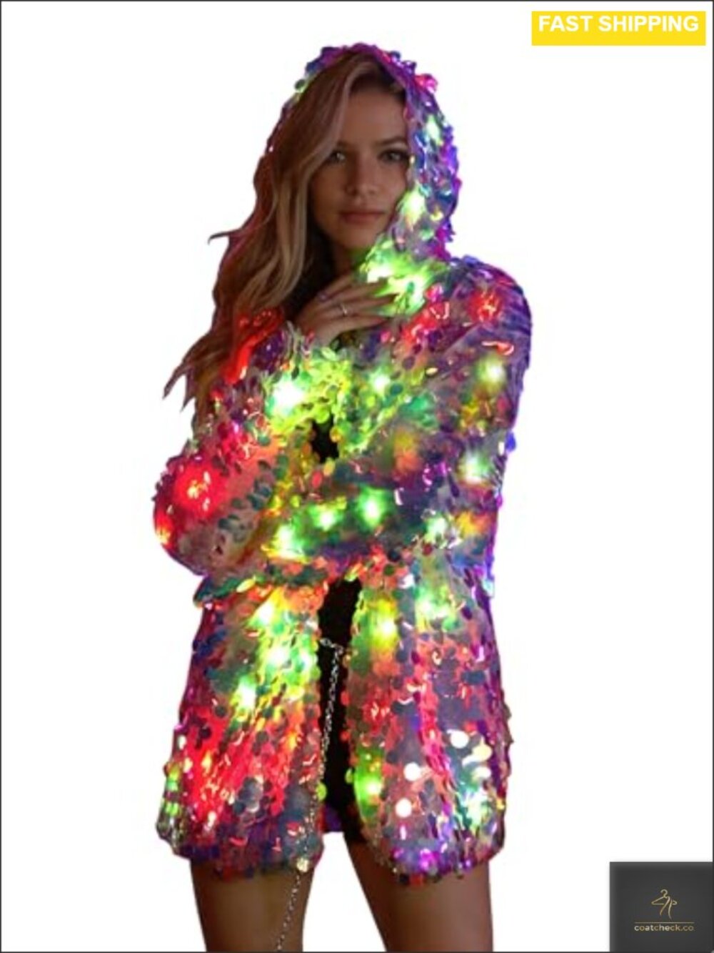 LED Light Up Sequin Hooded Jacket Long Sleeve Party Rave